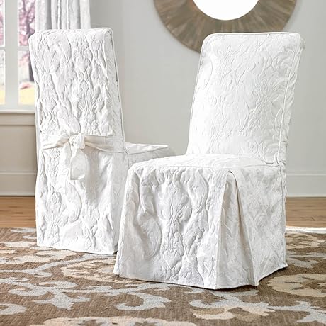 SureFit Matelasse Damask Long Dining Chair Slipcover: Enhance Your Dining Space with Timeless Elegance