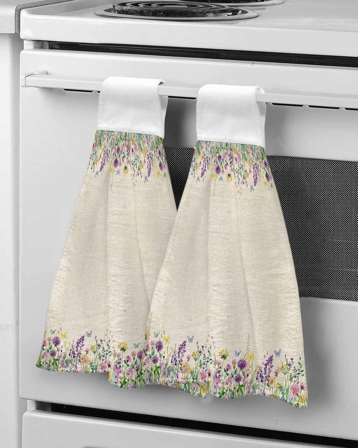 Spring Purple Floral Kitchen Hand Towels with Hanging Loops Set of 2 Rustic Flowers Botanical Vintage Soft Thick Oven Fingertip Dry Microfiber Tie Dish Towel Absorbent Cleaning Washcloth for Bathroom
