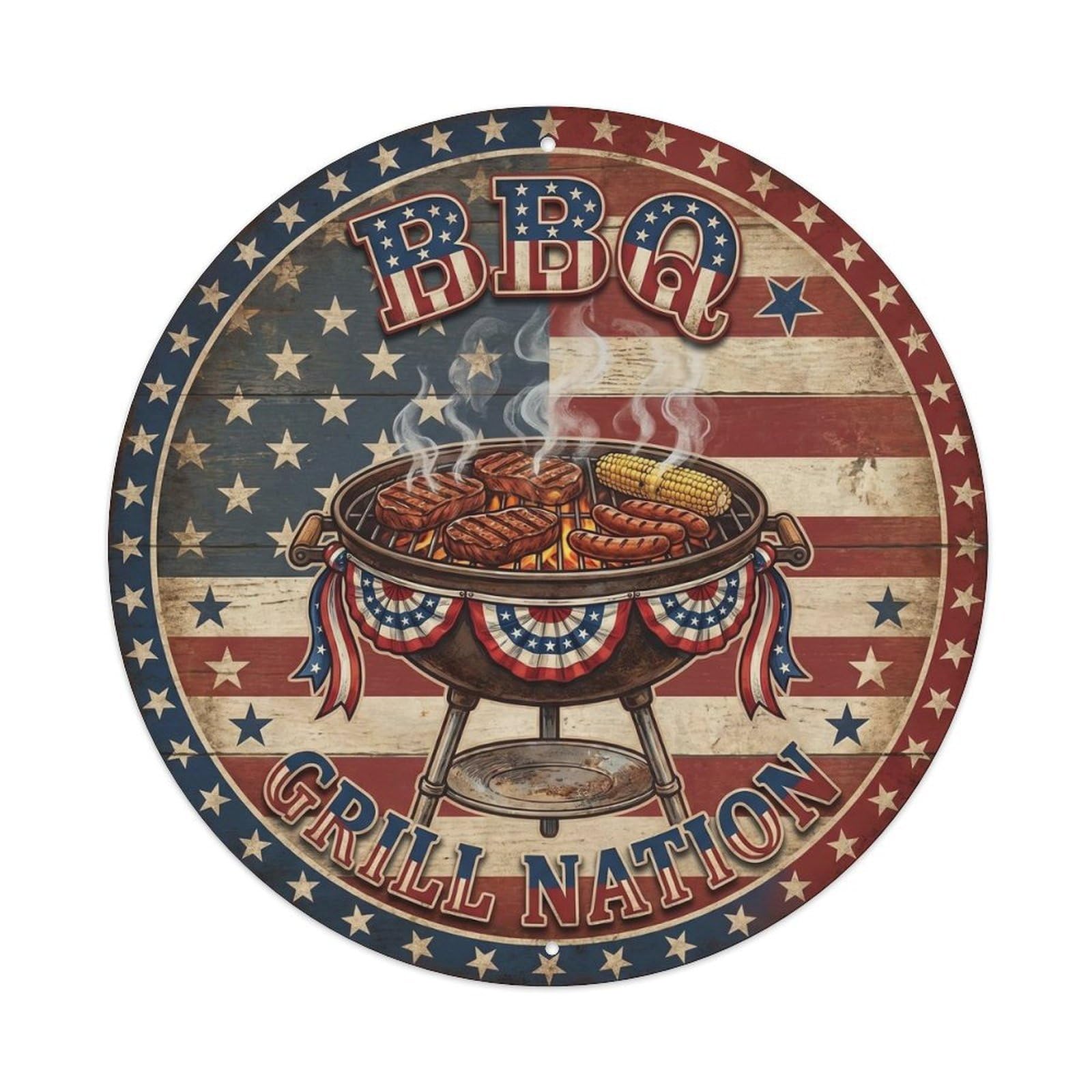 BBQ Barbecue Grill Nation Vintage Metal Tin Sign Plaque Wall Decor for Cafe, Club, Garden Round Metal Poster 8x8Inch