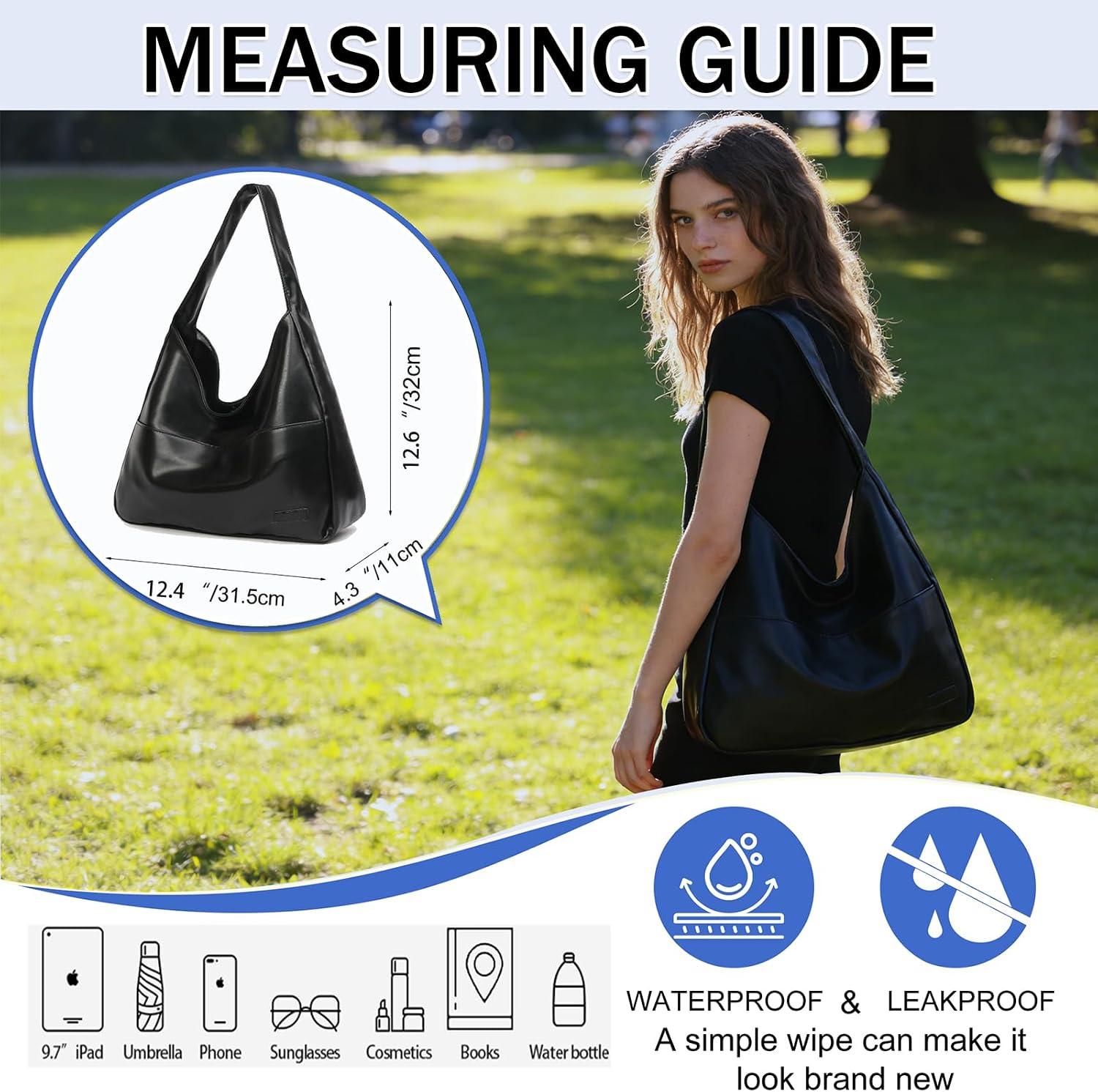 Hobo Bags for Women Black Slouchy Tote Bag Vegan Leather Shoulder Bag Women's Everyday Purses Handbag for Work School Travel