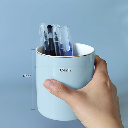 Miniatura 4 de HANKOR Soporte de cerámica para bolígrafo de escritorio, lindo organizador para oficina, escuela, cepillo de maquillaje (azul claro)