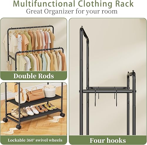 Vista 6 de Simple Trending - Perchero resistente con ruedas para colgar ropa, con 2 estantes de tela, perchero portátil con capacidad para 400 libras