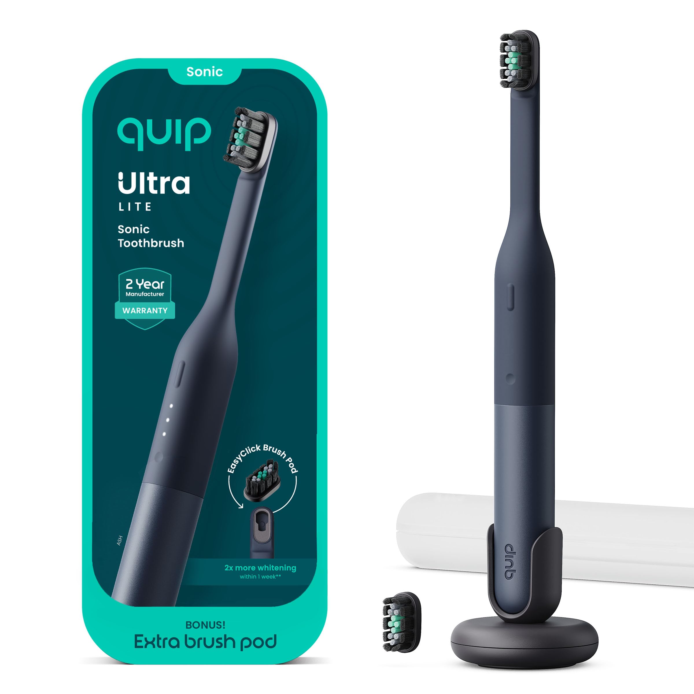 Quip Ultra Lite - Cepillo de dientes eléctrico temporizado con funda, cabezal de cepillo reemplazable, cerdas suaves, mango de silicona y plástico, duración de la batería de 30 días, cepillo de