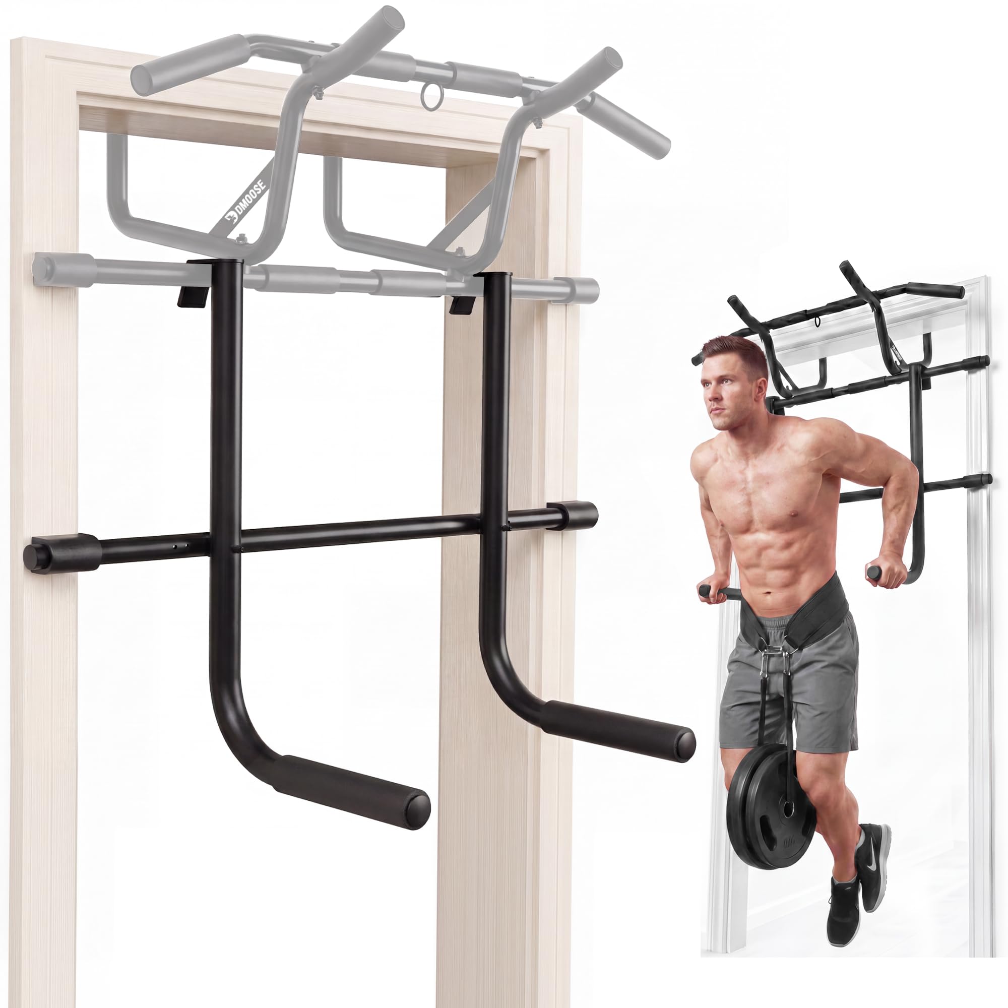 DMoose Fitness Pull Up Bar for Doorway - No Screwing or Slipping, Hanging Pullup &amp; Chin Up Bar for Door Frame - Multi Padded Grips for Strength Training with Installation Guide