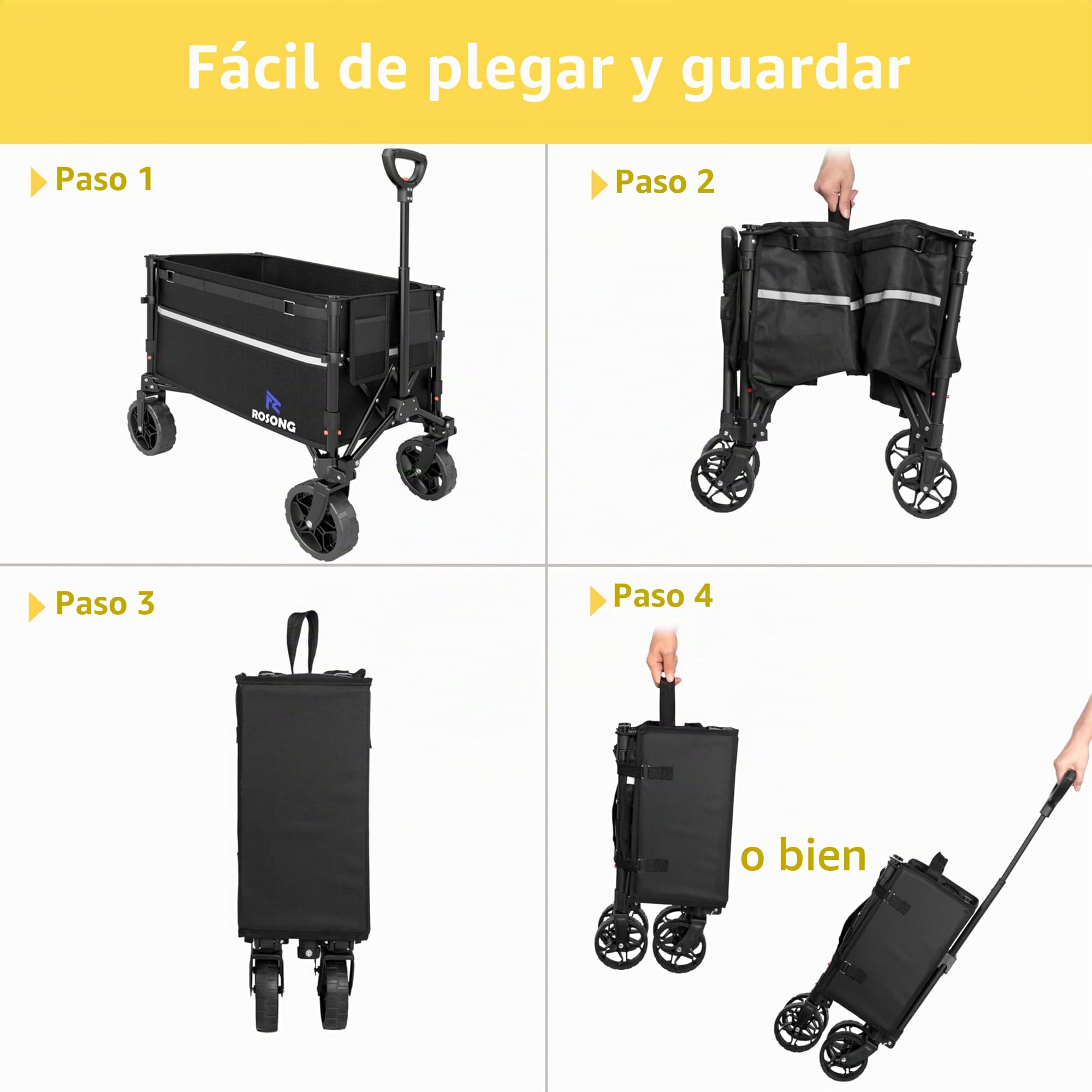 ROSONG Carro Playa Plegable con Ruedas Grandes Todo Terreno Carrito de Transporte Robusto Carro Playa con Bandas Reflectantes para Camping Jardín y Compra, Negro 120L