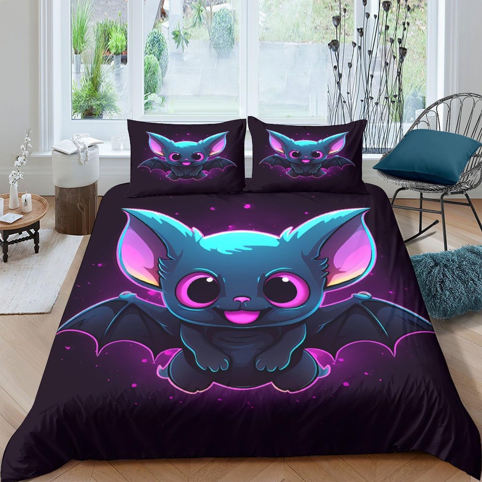 Ctjqhvkz Style-3 3D Printed Cute Bat Fitted Sheet Microfiber Soft Breathable Neon Cartoon Bed Sheet For Bedroom Dorm Mattress Protection Decor Single（135X200cm）