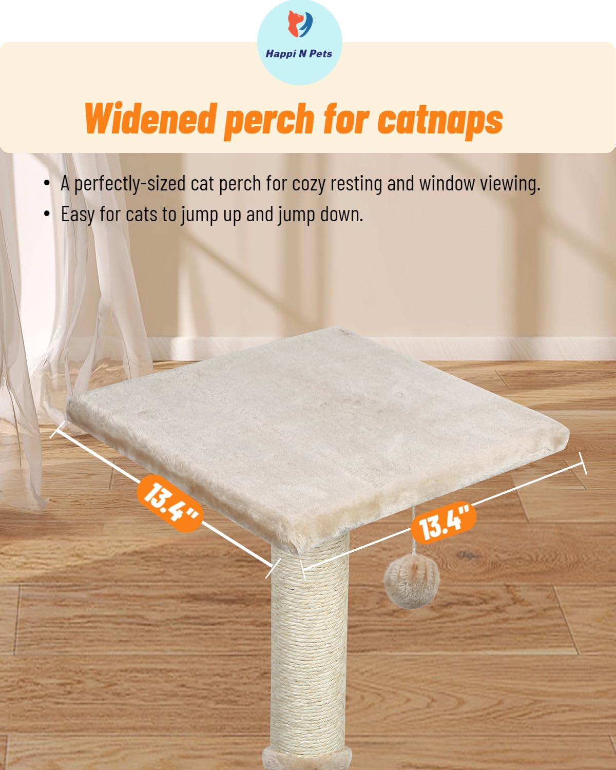 Happi N Pets 26" Cat Scratching Post with Perch, Natural Sisal Scratchers Trees for Indoor Cats, Featuring with Hanging Balls & Cozy Cat Bed, Stable Cat Scratch Posts for Kittens-Beige