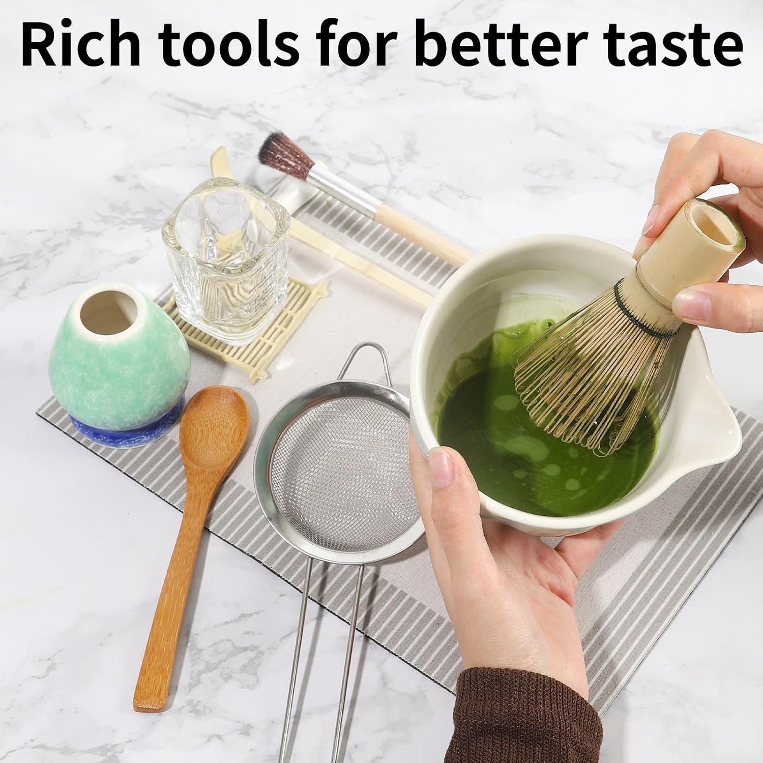 12 Pcs Matcha Whisk Set - Matcha Set Includes Ceramics Matcha Bowl and Cup, Matcha Kit for Ceremony Making Tools, Gift for Family/Friend Gradient blue-green image 5