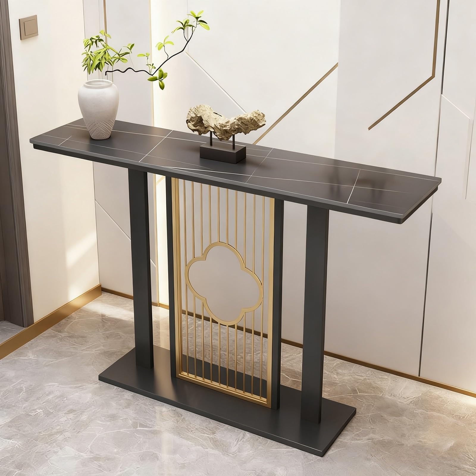 Mesa de entrada estrecha con tapa de piedra premium y estructura de hierro