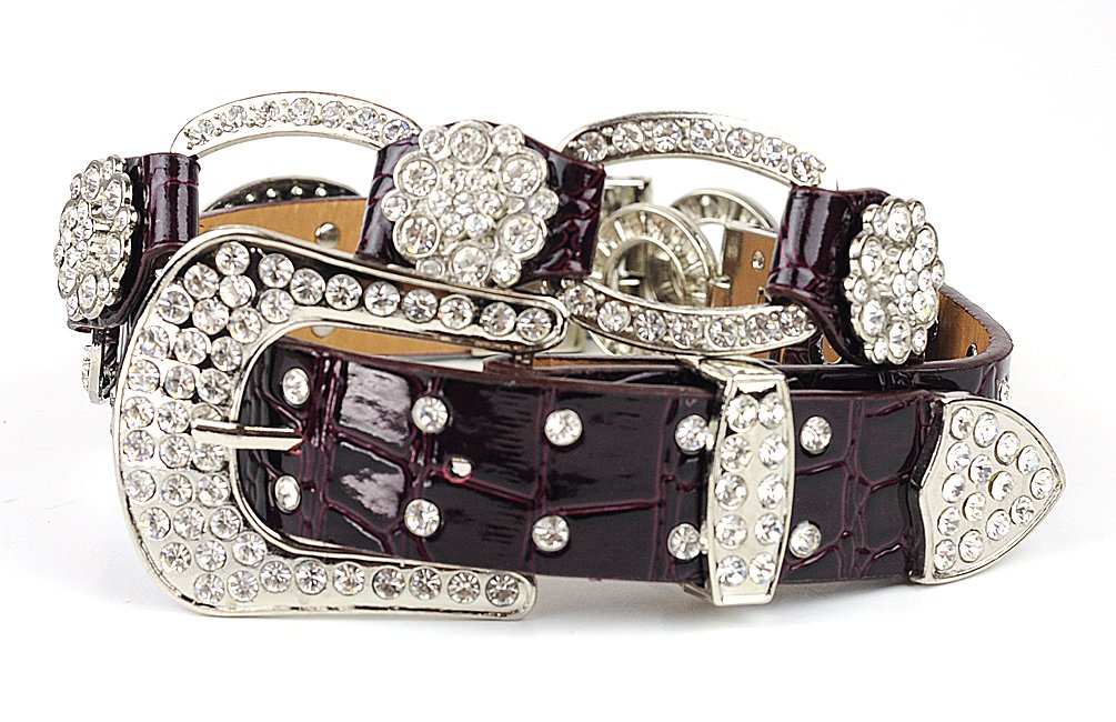 NYFASHION101 Women's Dressy Flower Design with Allover Rhinestone Buckle, Burgundy, X-Large