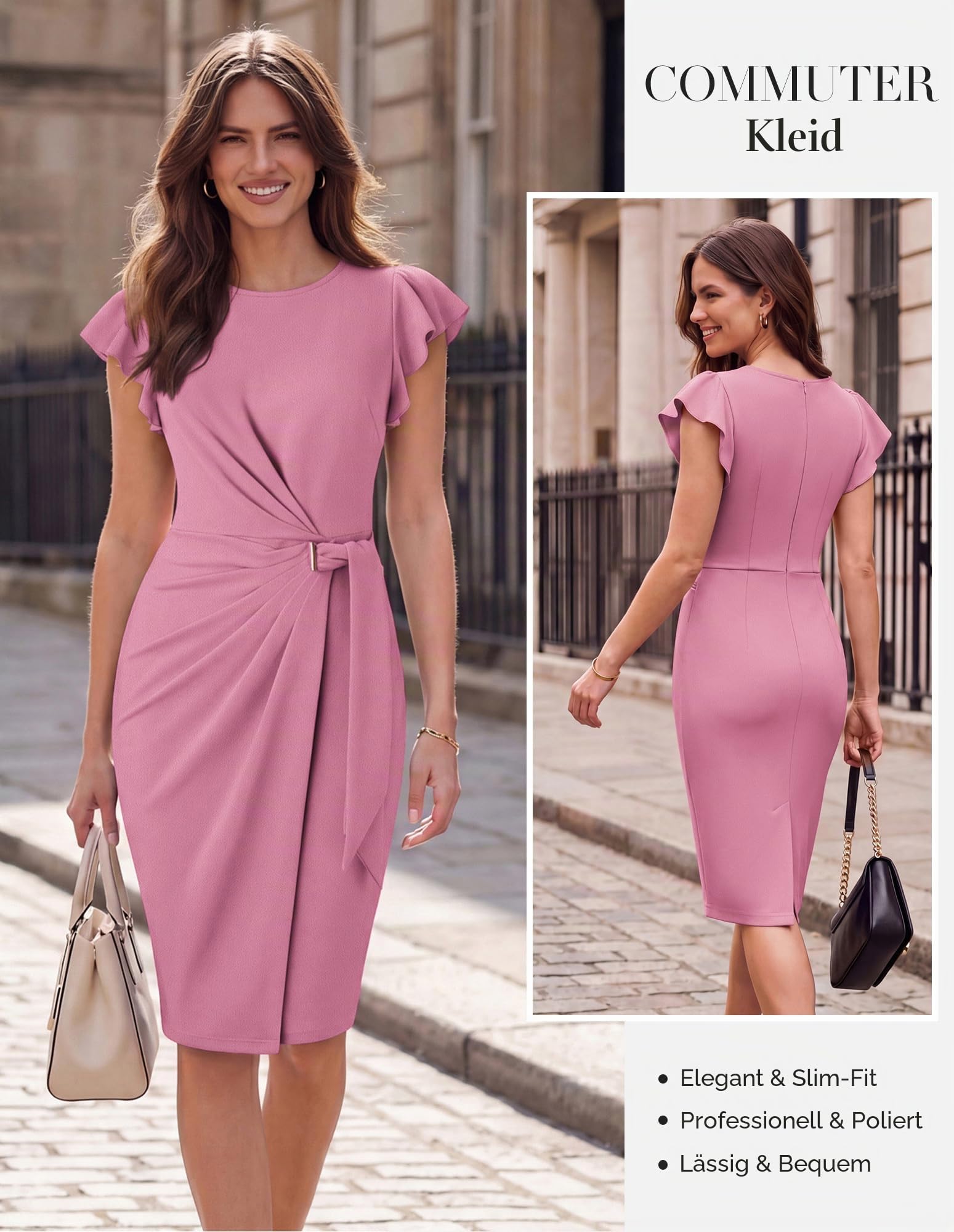 GRACE KARIN Kleider Damen Elegant Rundhals Rüschenärmel Bodycon Wickelkleid | Etuikleid Einfarbig|Business Outfit|Knielang|Hochelastisch|Freizeitkleid|Hochzeitsgast|Festliche|Prom Party Kleider