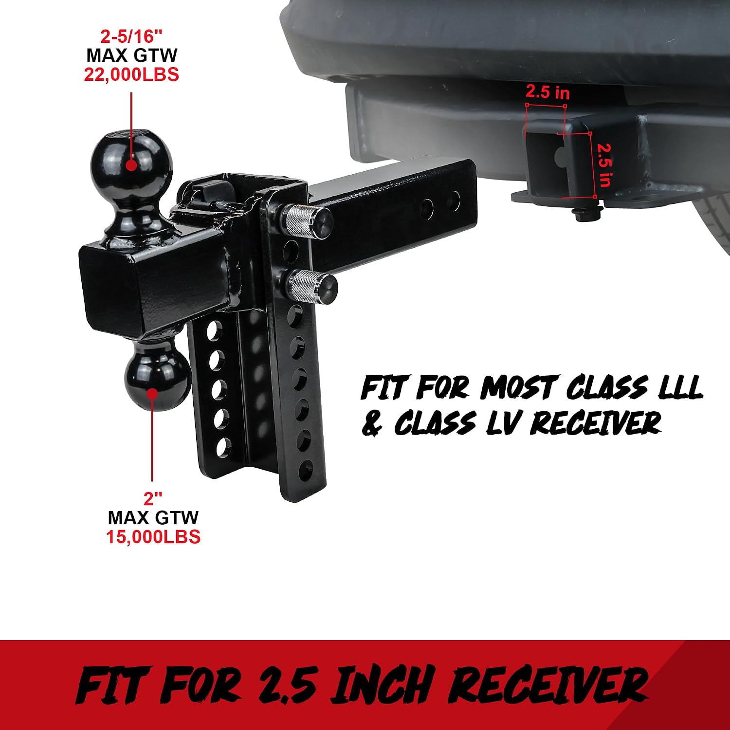 DBXB-RV Adjustable Trailer Hitch Drop Hitch Tow Hitch, Fits 2.5-Inch Receiver, Heavy Duty Tow Hitch with 6-Inch Drop/Rise, 2" & 2-5/16" Ball Hitches, 22,000 LBS GTW. Anti-Theft Hitch Locking Pins.