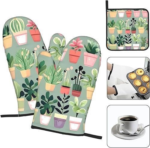 Miniatura 3 de Juego de 3 manoplas de horno y soportes para ollas Bonsái para plantas, guantes de cocina antideslizantes para cocinar, hornear y asar a la parrilla