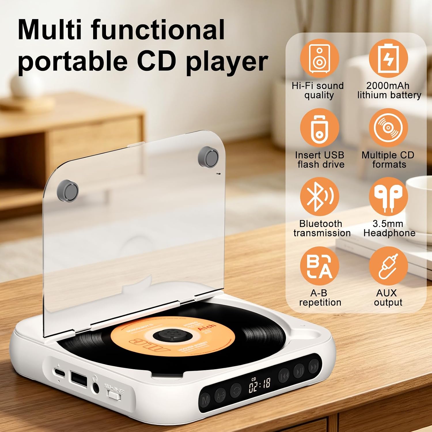 ZYOKATA CD Player Portable with Speakers Rechargeable for Home Audio Book with Headphones LCD Screen, Small Kids CD Players Bluetooth for Car Shockproof Support CD/AUX/USB (White)