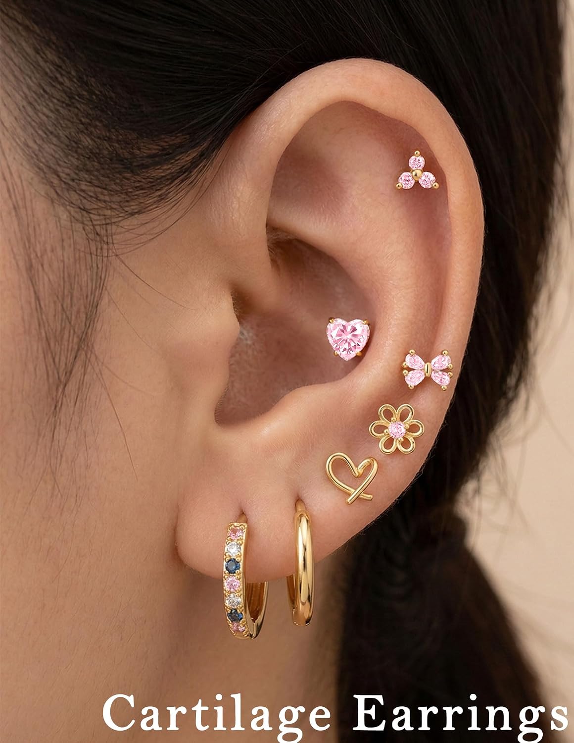 AKEOQI 10 Pairs Hypoallergenic Flat Back Earrings Gold Silver Plated Surgical Steel Small Stud Huggie Hoop Earring for Women Butterfly Flower Heart Bow Pink CZ Stack Cartilage Earrings Set 20G 10 MM