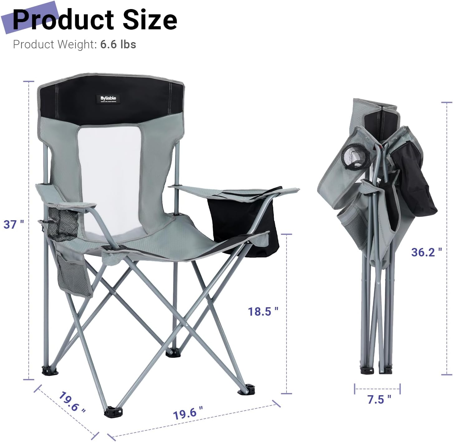 Camping Folding Chair Outdoor Lawn Portable Lightweight Camp Folding Chairs for Adult Outside with Cup Holder, Cooler Pouch & Side Pocket for Camping, Beach, Fishing, Sports or Tailgating Events, Grey
