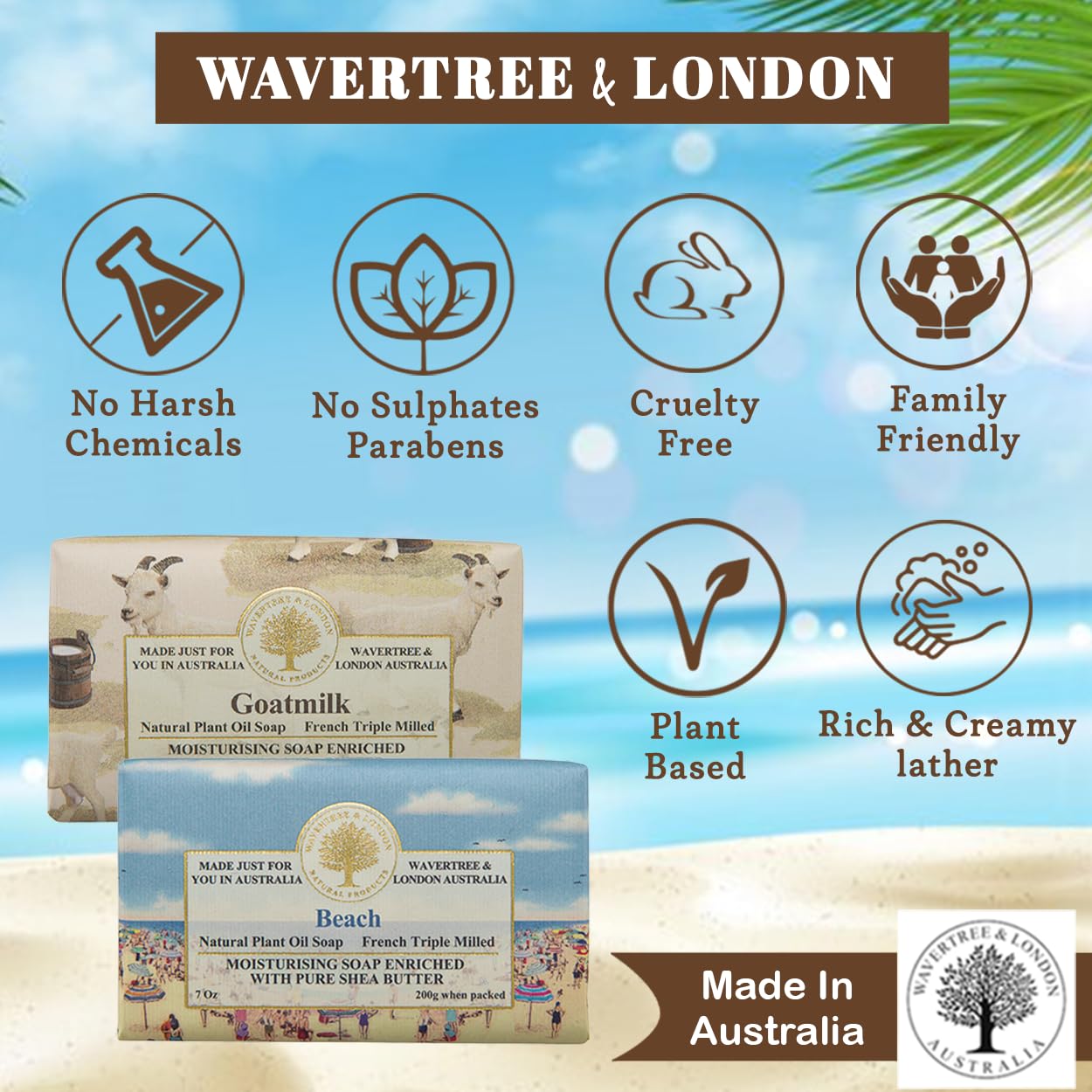 Wavertree & London Duo Gift Box (2 Bars) - 7oz Goats Milk and Beach Scented Moisturizing Triple Milled Natural Soap Bars - Pure Plant Oil Soap Bars for All Skin Types - Image 2
