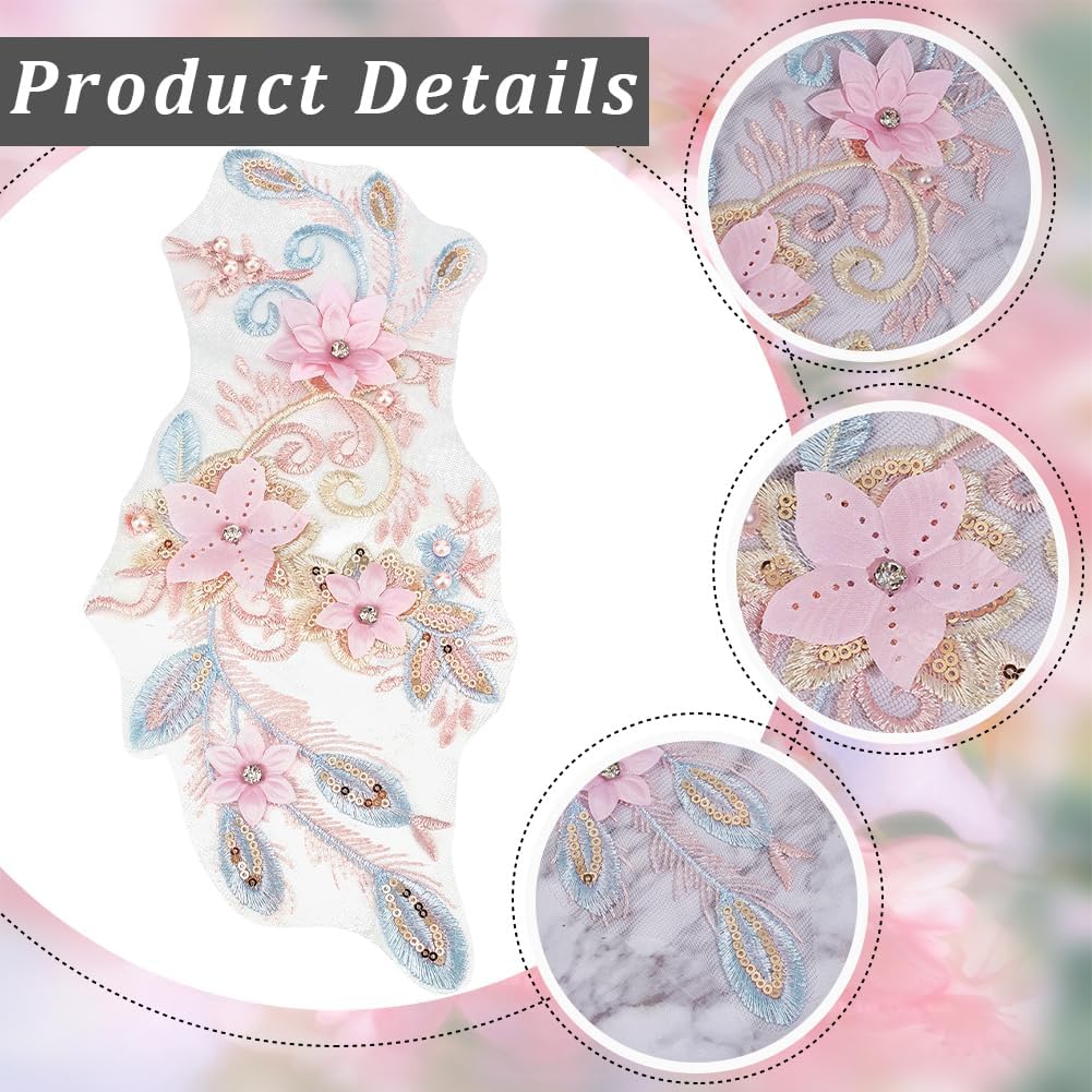 2Pcs 3D Floral Embroidery Applique Rhinestone Embroidered Beaded Sequin Lace Appliques Polyester Pink Flower Sew on Tulle Patches for Sewing Making Clothes Dresses Gowns Wedding Craft Supply