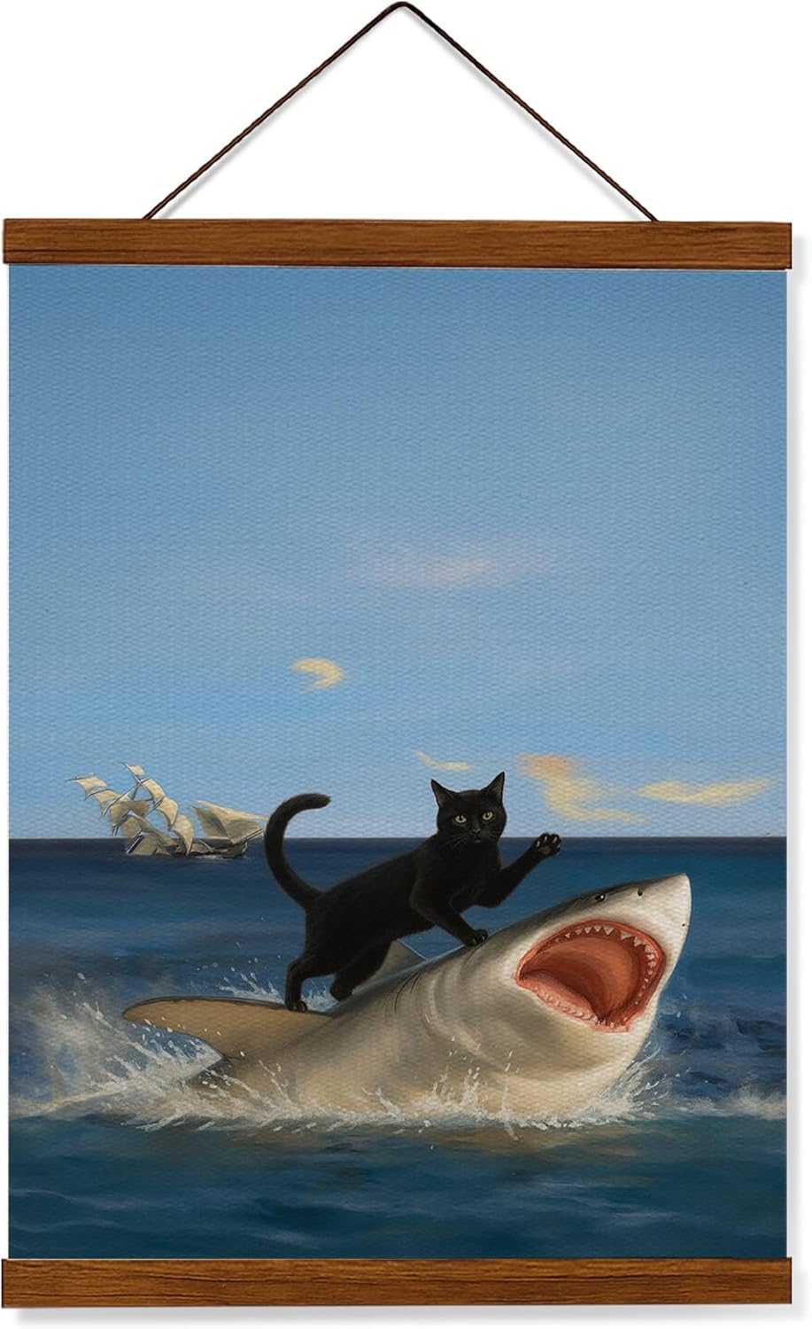 FOPENEM Funny Quirky Cat and Shark Wall Art Decor, Surreal Ocean Adventure Funny Animal Wall Decor Poster Hanger Frame for Home Bedroom Living Room, 12x16 Inches