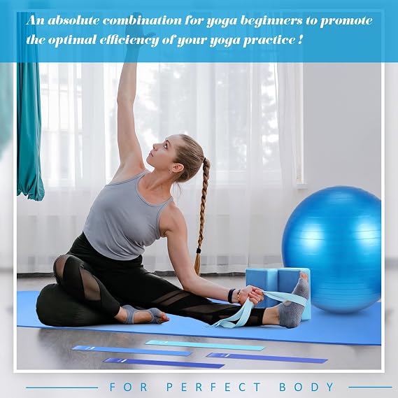 Liliful 10 Pcs Yoga Starter Kit Include 6mm Yoga Mat with Carry Strap, 2 Blocks, 65cm Pilates Ball, Stretch Strap, 5 Resistance Bands with Air Pump Home Workout Set for Beginners Women Men Gym