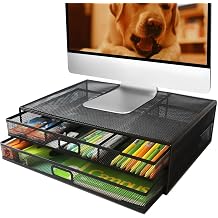 MINDEPOT Computer Monitor Stand with Drawer Metal Mesh Desktop Monitor Riser Desk Storage Organizer with Drawer for PC/Laptop/Printer Black