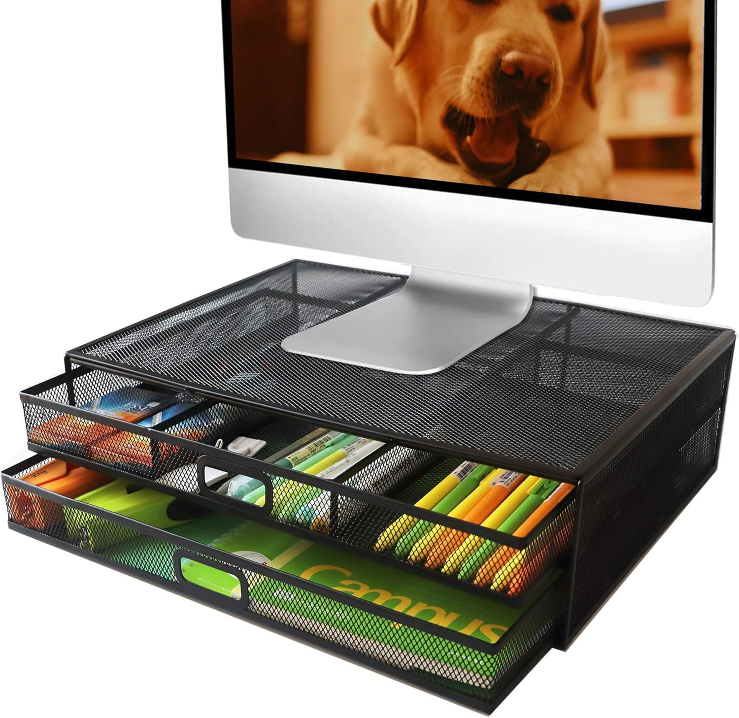 MINDEPOT Computer Monitor Stands with Drawers, Metal Mesh Desktop Monitor Riser, Desk Storage Organizer with Drawers for PC, Laptop, Printer (Black)