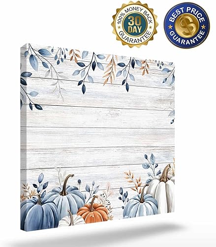 Miniatura 2 de Lienzo decorativo para pared con diseño de calabaza otoñal, diseño de calabazas de color azul, blanco y naranja degradado, grano de madera rústica,