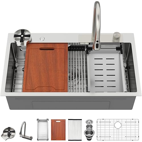 Lordear Waterfall Kitchen Sink 33x19 Inch Drop In Kitchen Sink T304 16 Gauge Stainless Steel Single Bowl Ledge Worktation Kitchen Sinks Handmade Deep Basin, 33"x19"x9"