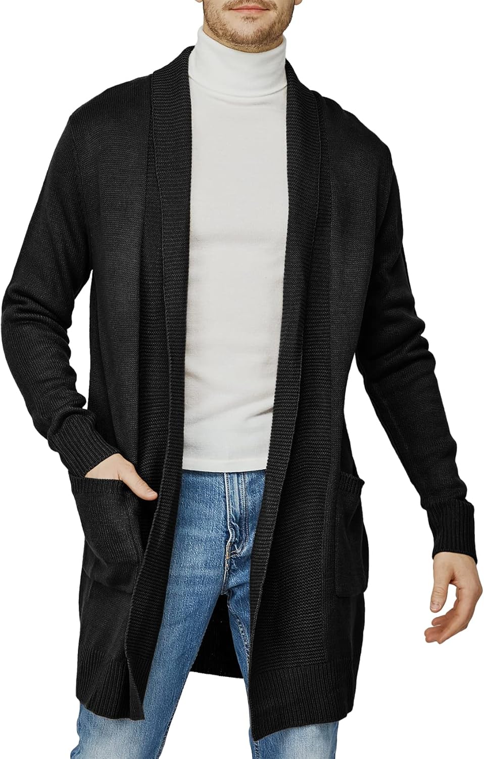 H2H Mens Casual Comfortable Fit Ruffle Shawl Collar Knitted Open Front Long Length Sweater Cardigan