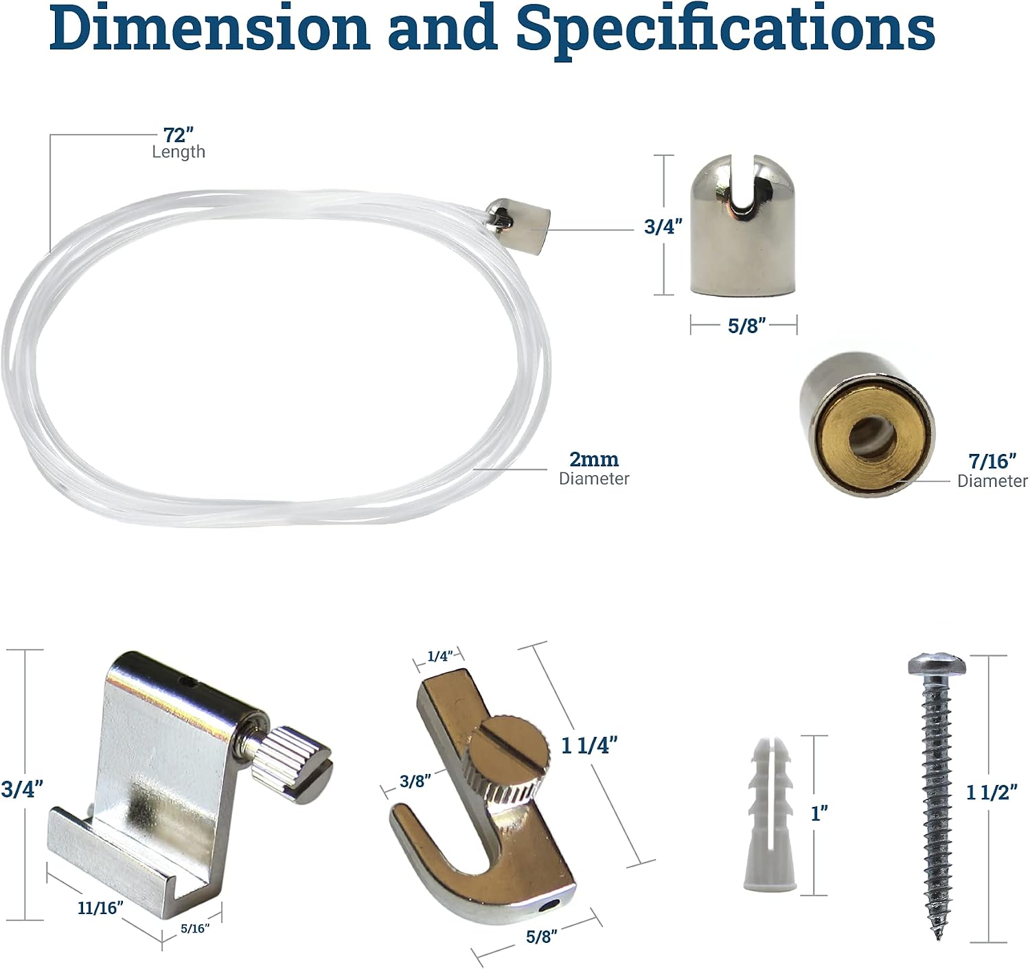 PHS Adjustable Picture Hanging System - Bullet Hanger with Nylon Cable & Gallery Hooks - Art Hanging System - Art Cable Supports 25 lbs - No Track Needed