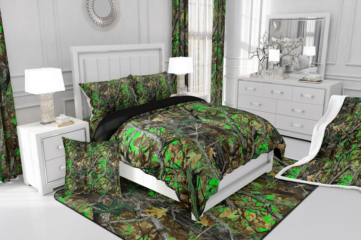 Feelyou Green Camouflage Plush Blanket Twin 60"x80" Camo Fleece Throw Blanket for Bed Sofa Couch Boys Children Military Style Tree Branches Vintage Sherpa Blanket Room Decor Botanical Fuzzy Blanket