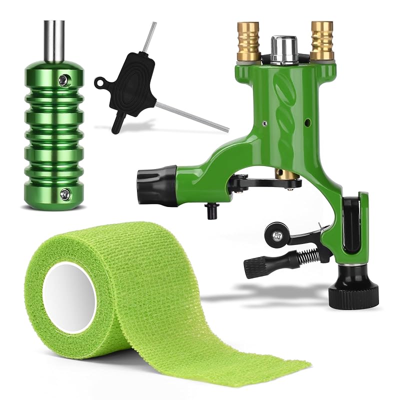 Máquina rotativa para tatuagem ATOMUS AT verde com grip, tubo, chave e bandagem elástica