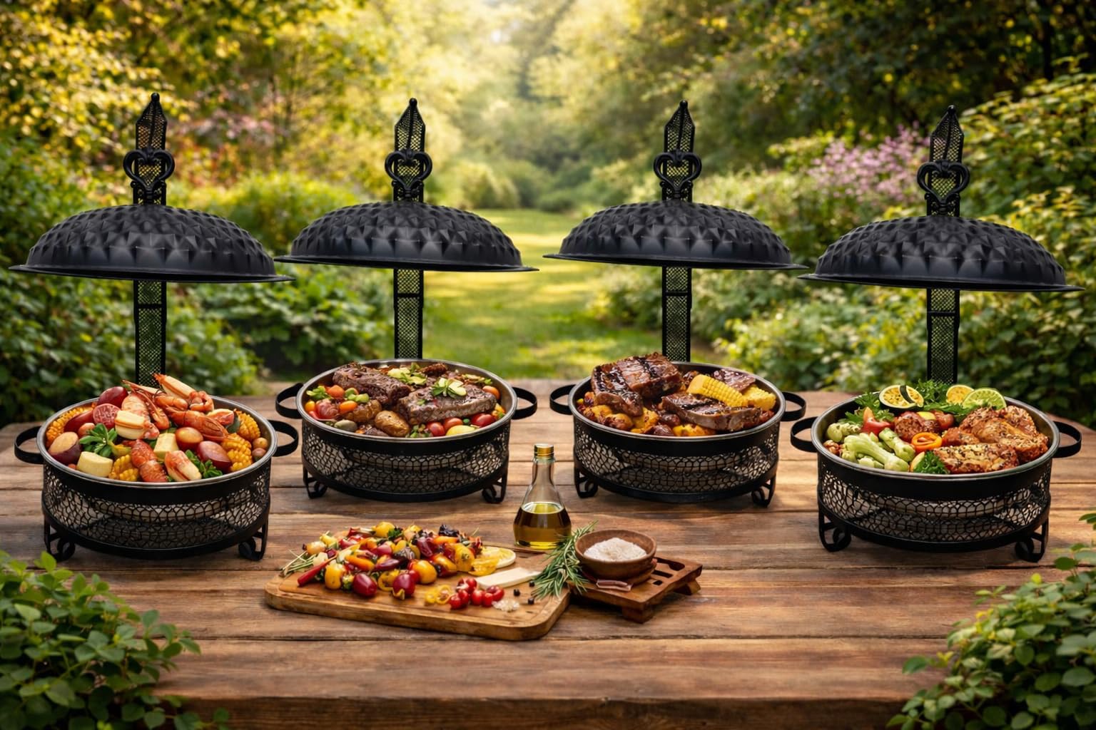 Juego de 2 platos redondos de acero inoxidable de 8 cuartos de galón, protección de dedos con borde enrollado, elegantes calentadores de buffet negro y dorado para fiestas, catering, bodas y hoteles