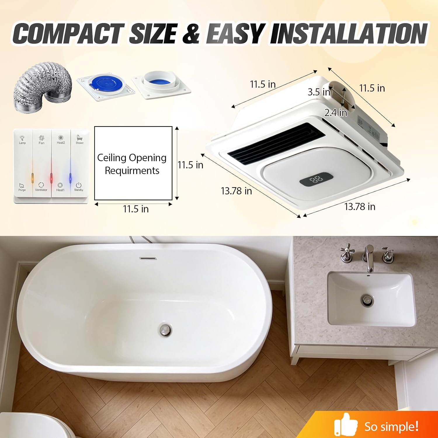 Bathroom exhaust fan with heater,Bathroom exhaust fan with light&Audio 7in1 | Exhaust fan,1800W Dual-Heat,230 CFM,1.0 Sones,5 Color RGB Light+3CCT Light,Negative Ion,Plug&play,Bathroom Exhaust fan light