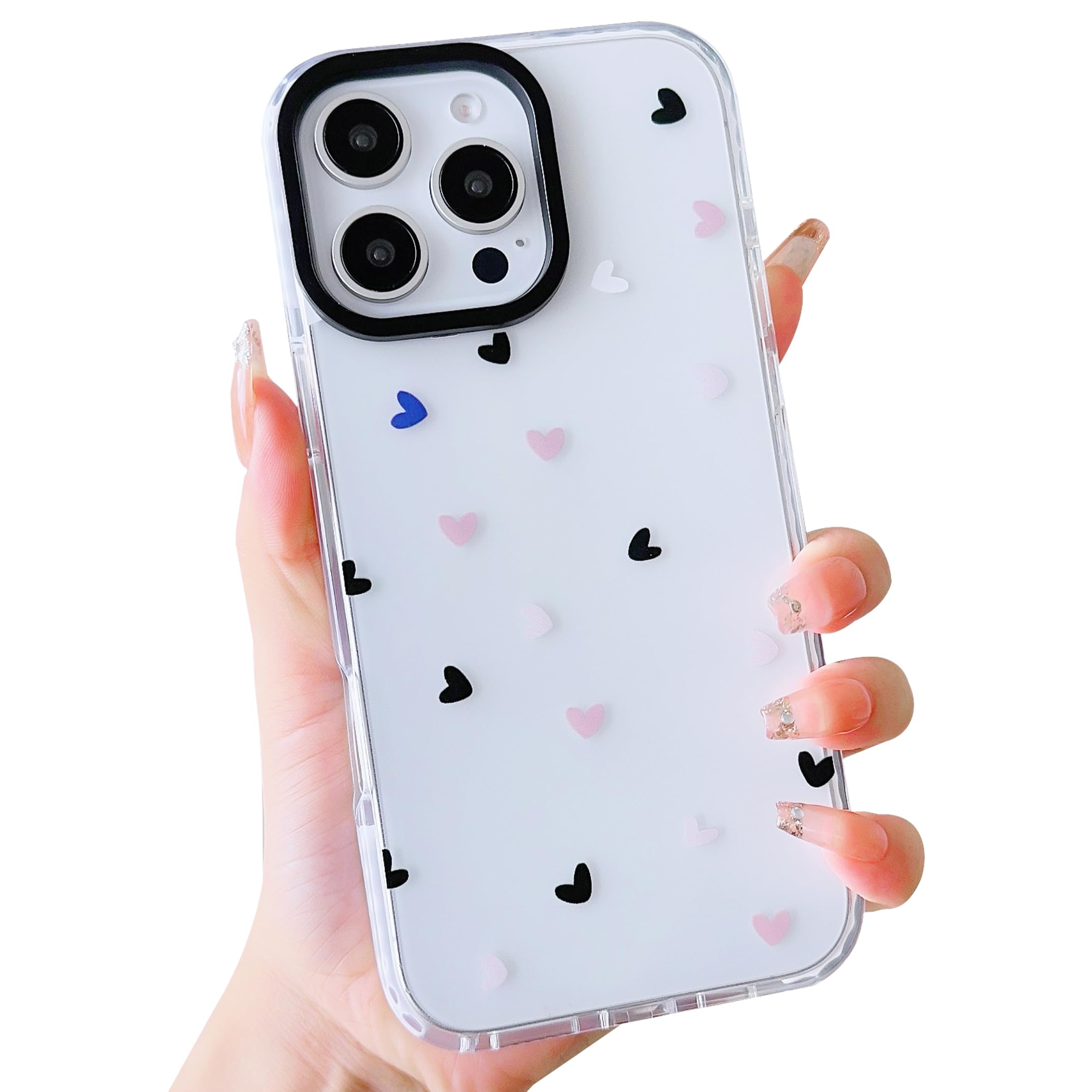 Compatible for iPhone 16 Pro Case,Cute Clear Heart Cartoon for Women Girl Soft TPU Shockproof Anti-Yellow Protective Phone Case for iPhone 16 Pro-Heart