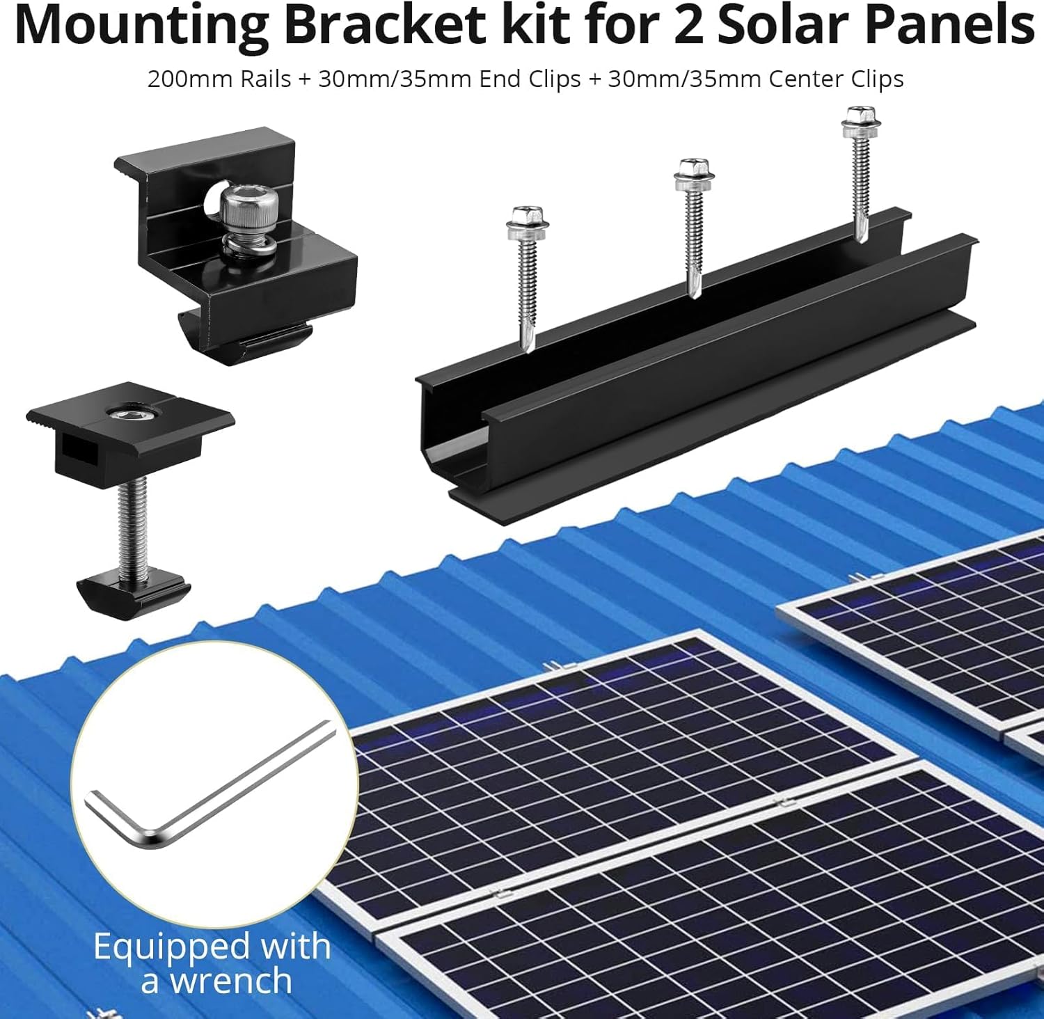 Anbte 6Pcs Solar Panel Mounting Brackets, Aluminium 7.87" Solar Panel Mounting Rail & 30mm/35mm End Clamp & Mid Clamp, Solar Panel Mounting Kit for Metal Roof, Tin Roof, Flat Roof, Sheet Roof, Black