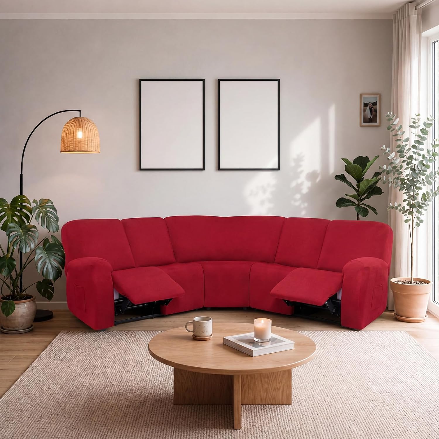 Peryiter 7 Pcs L Shape Sectional Recliner Sofa Covers 5 Seat Sectional Couch Covers Milk Silk Velvet Stretch Reclining Sofa Slipcover Furniture Protector for Living Room (Christmas Red,Milk Silk)