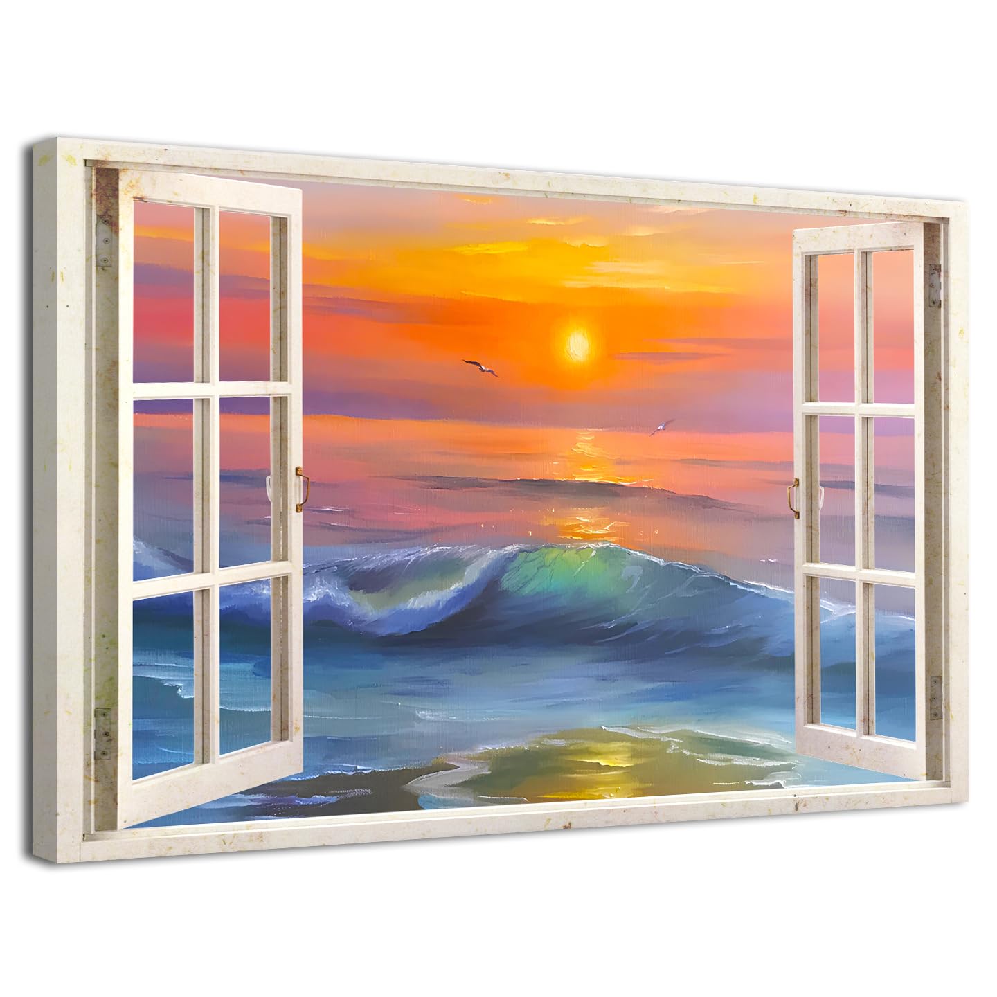 Abstract Beach 3D Window View Canvas Wall Art Sunset Seascape Prints Painting Living Room Wall Decor Tropical Ocean Nature Coastal Scenery Picture Artwork for Bathroom Bedroom Home Decoration 30x40cm