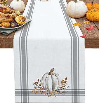 Fall Thanksgiving Table Runners 70 Inch Decorations White Pumpkin Leaf Branch Runners for Dining Tables Gray Stripes Autumn Dinner Runner Kitchen Parties Decor