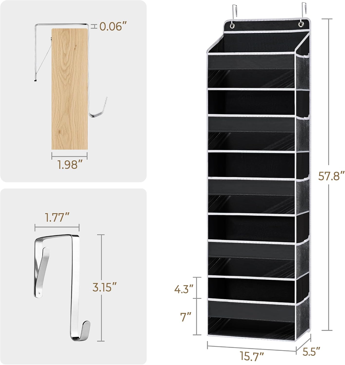 Over the Door Organizer, Hanging Yarn Storage, Large Capacity Knitting Organizer with 5 Mesh Side Pockets, Hanging Shelves for Yarn,Crochet Accessories and Knitting Supplies, Black