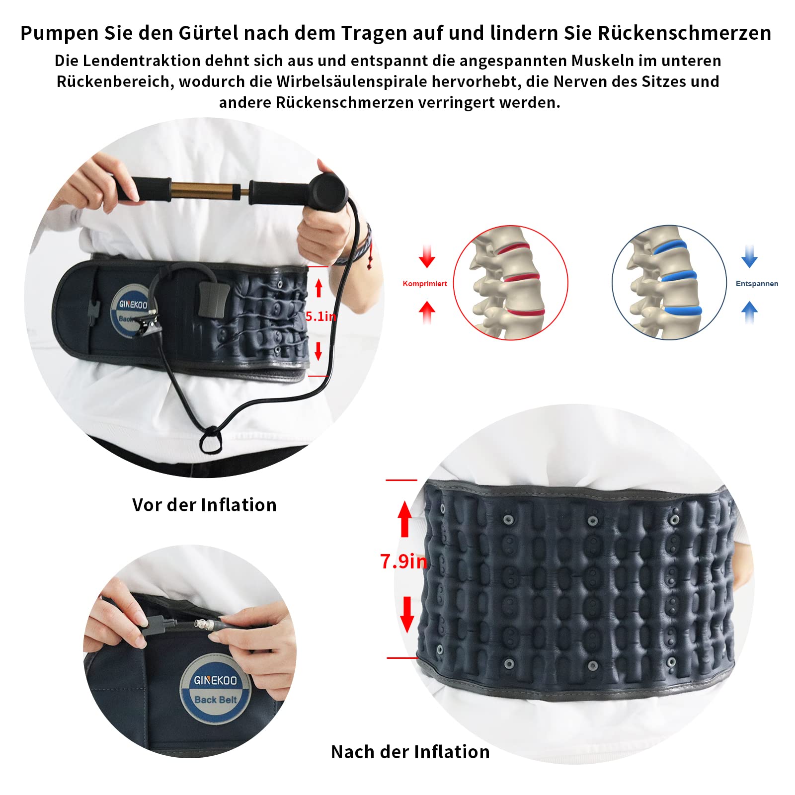 Dekompressions-Rückengürtel für Wirbelsäulenunterstützung und Schmerzen im unteren Rücken, Rückenstütze und Lendenwirbelstütze, marineblau (74–124 cm Taillenumfang)