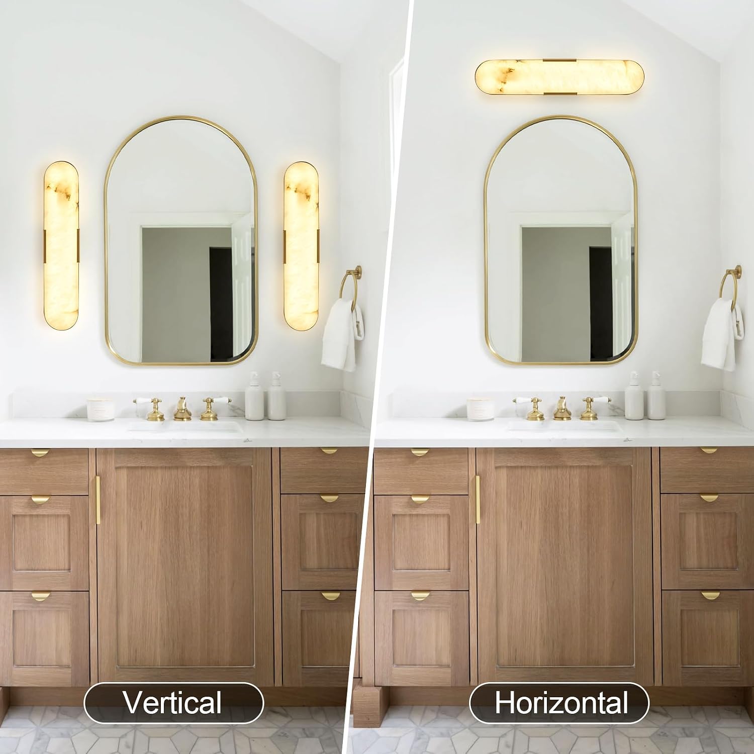20" Gold Alabaster Wall Sconce, Brass Vintage Natural Marble Wall Light, LED Tunable 3000K-6000K Vanity Wall Lamp Fixture for Bathroom Bedroom Hallway Living Room