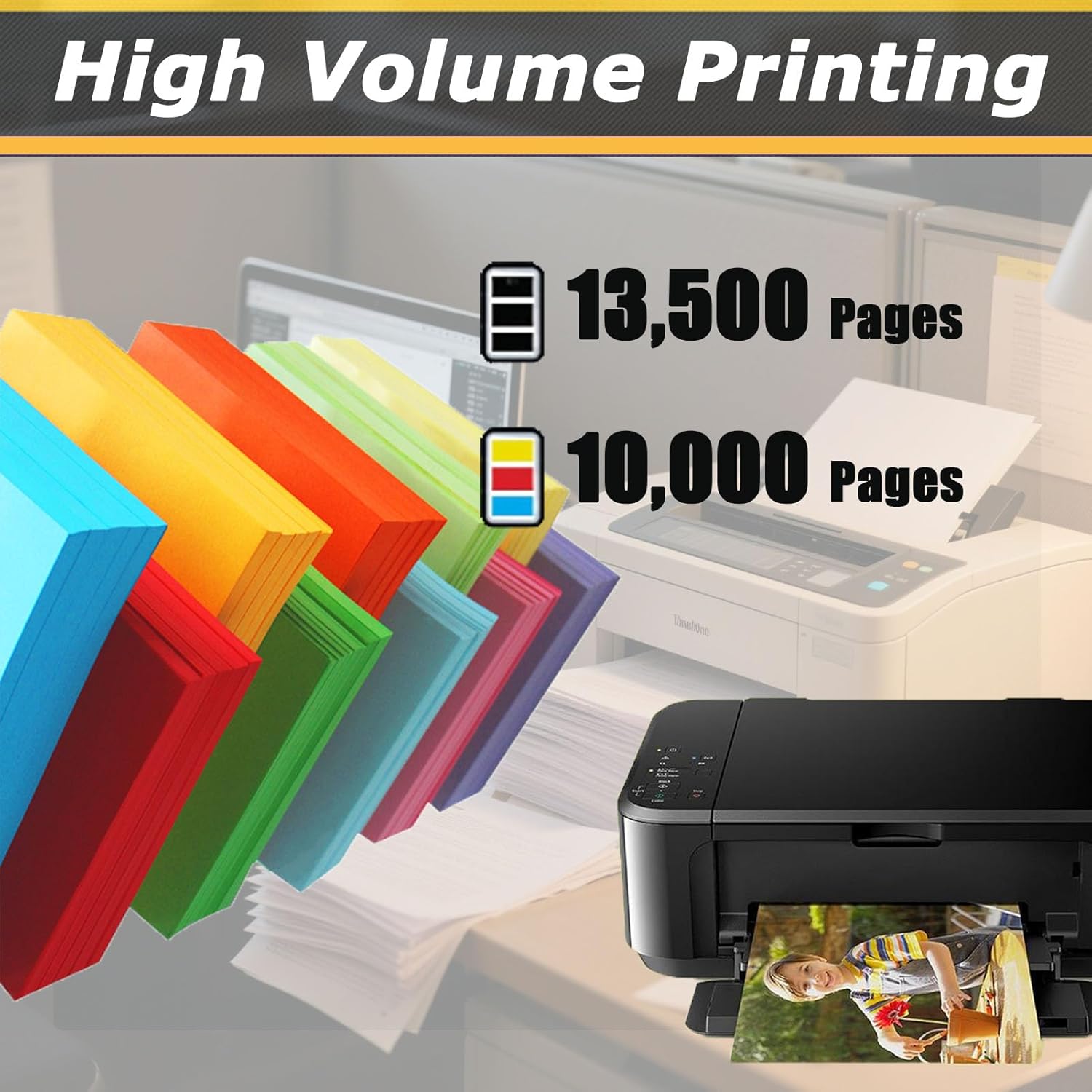 Graphic illustrating page yield: 13,500 pages for black, 10,000 pages for color.