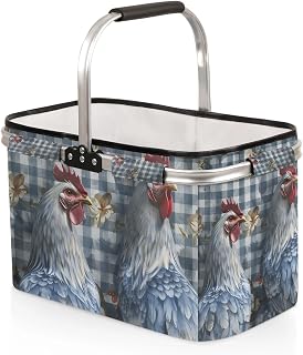 Chicken Picnic Basket Rustic Buffalo Plaid Large Collapsible Market Baskets Portable Reuasble Shopping Bags with Handles for Camping Beach Travel