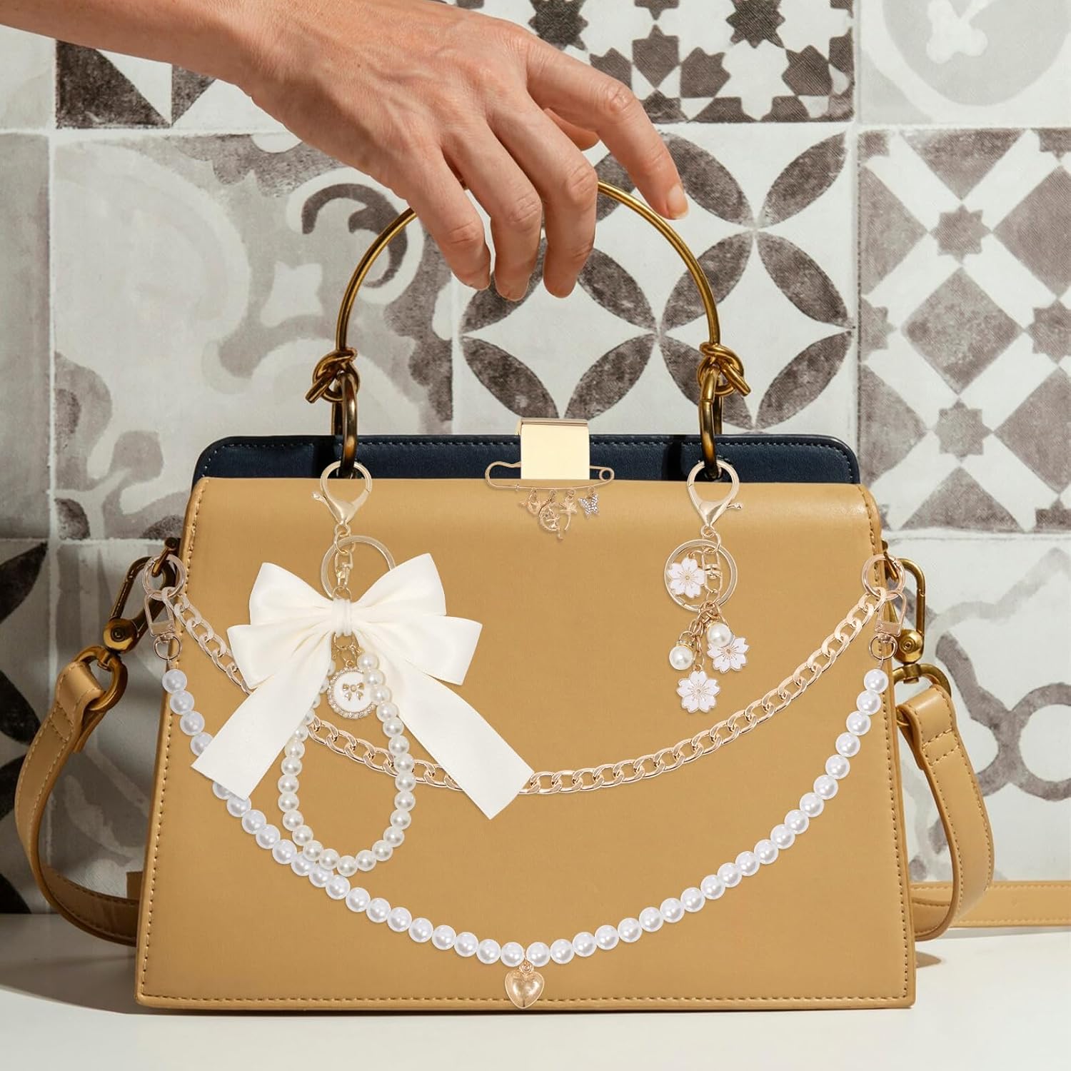 5 in 1 Gold Bag Charms for Handbags,Purse Charms,Pearl Flower Keychain Charm,Bag Accessories for Women Mom Wife,Love Heart Butterfly Pin Decoration - Image 3