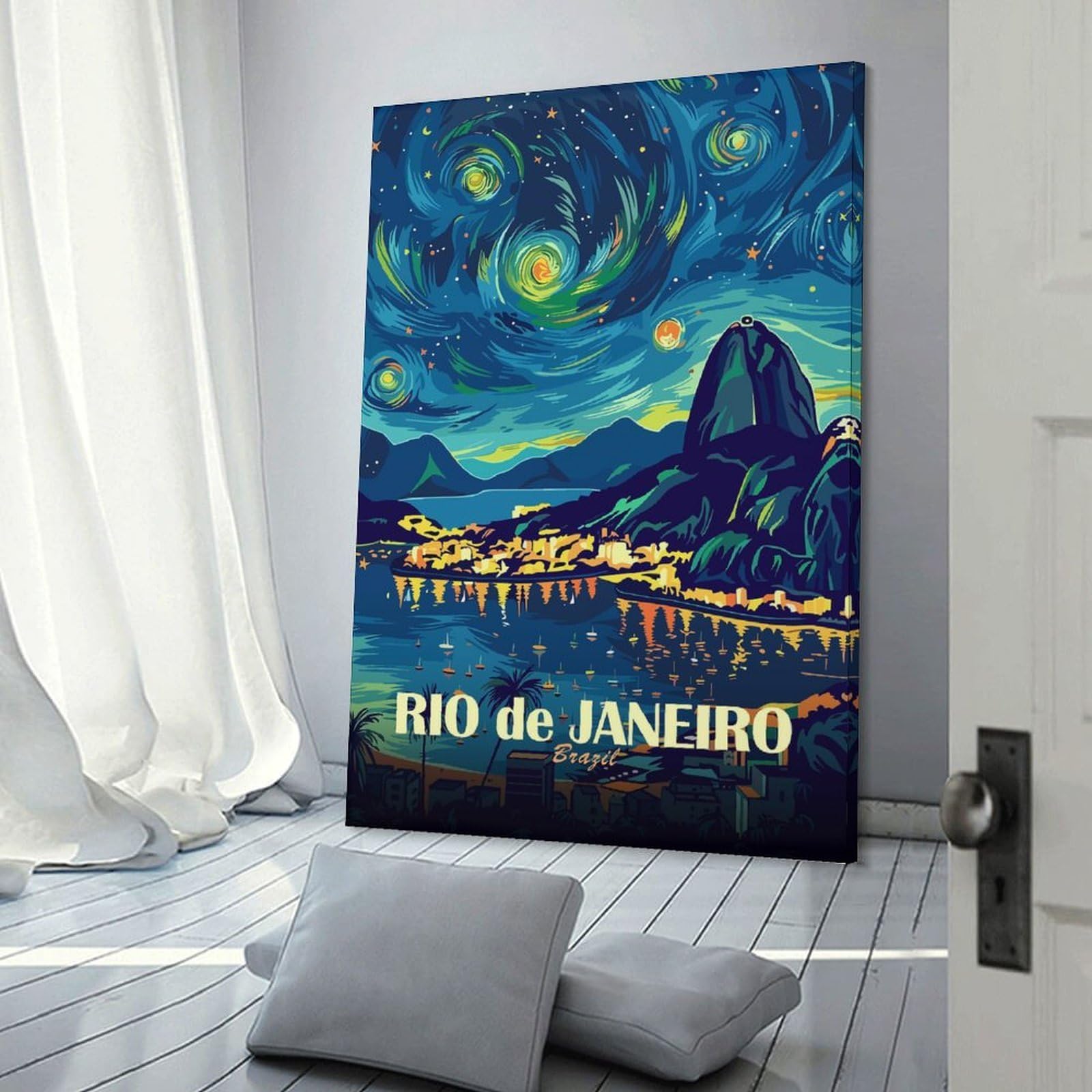 Junmoney Canvas Wall Picture Rio De Janeiro Brazil Starry Night, 12x18inch(30x45cm), for Study, Office Or Focused Interiors, Wall Art That Adds Style to Work Areas