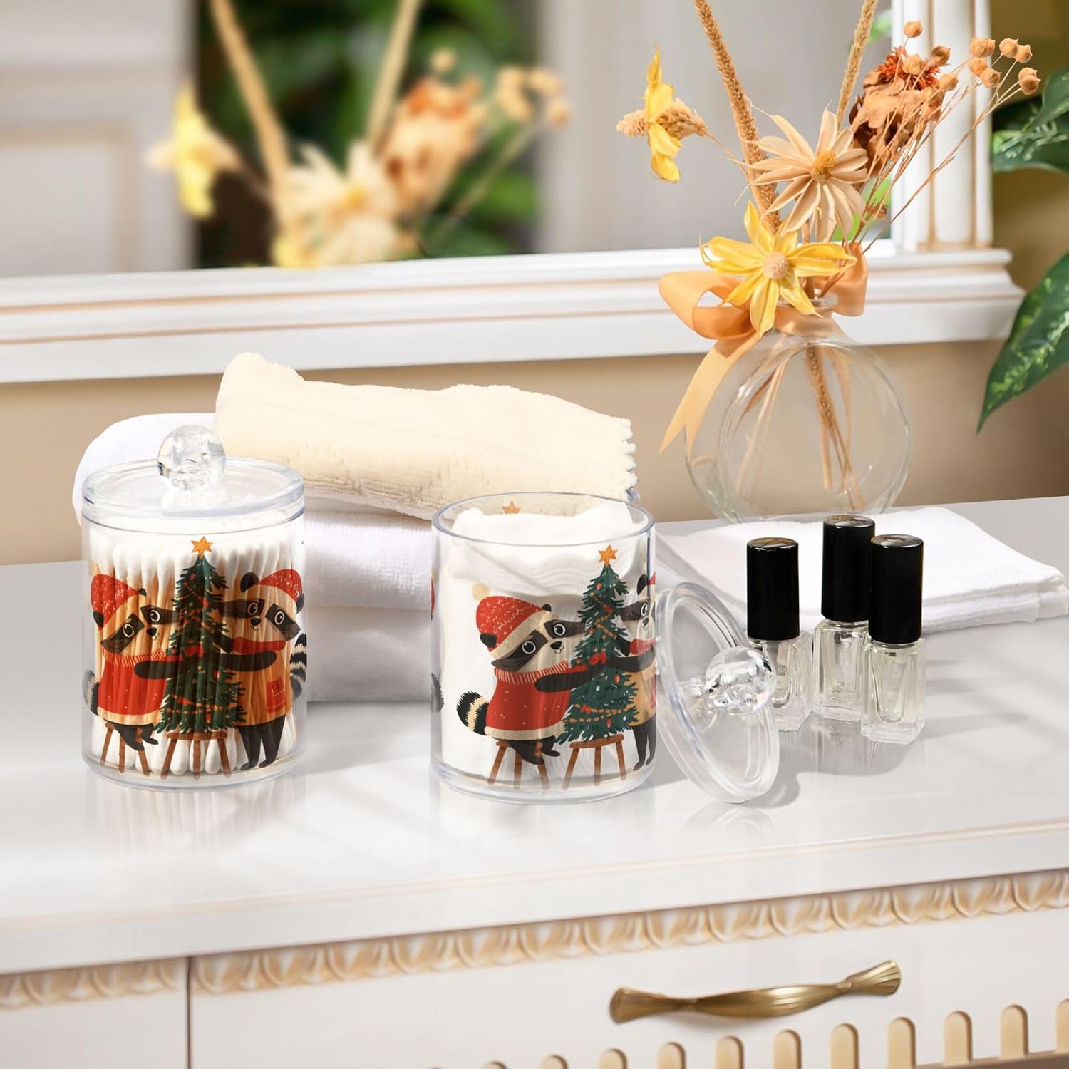 MNSRUU 4 Pack Qtip Holder Organizer Dispenser Raccoon Christmas Bathroom Storage Canister Cotton Ball Holder Bathroom Containers for Cotton Swabs/Pads/Floss