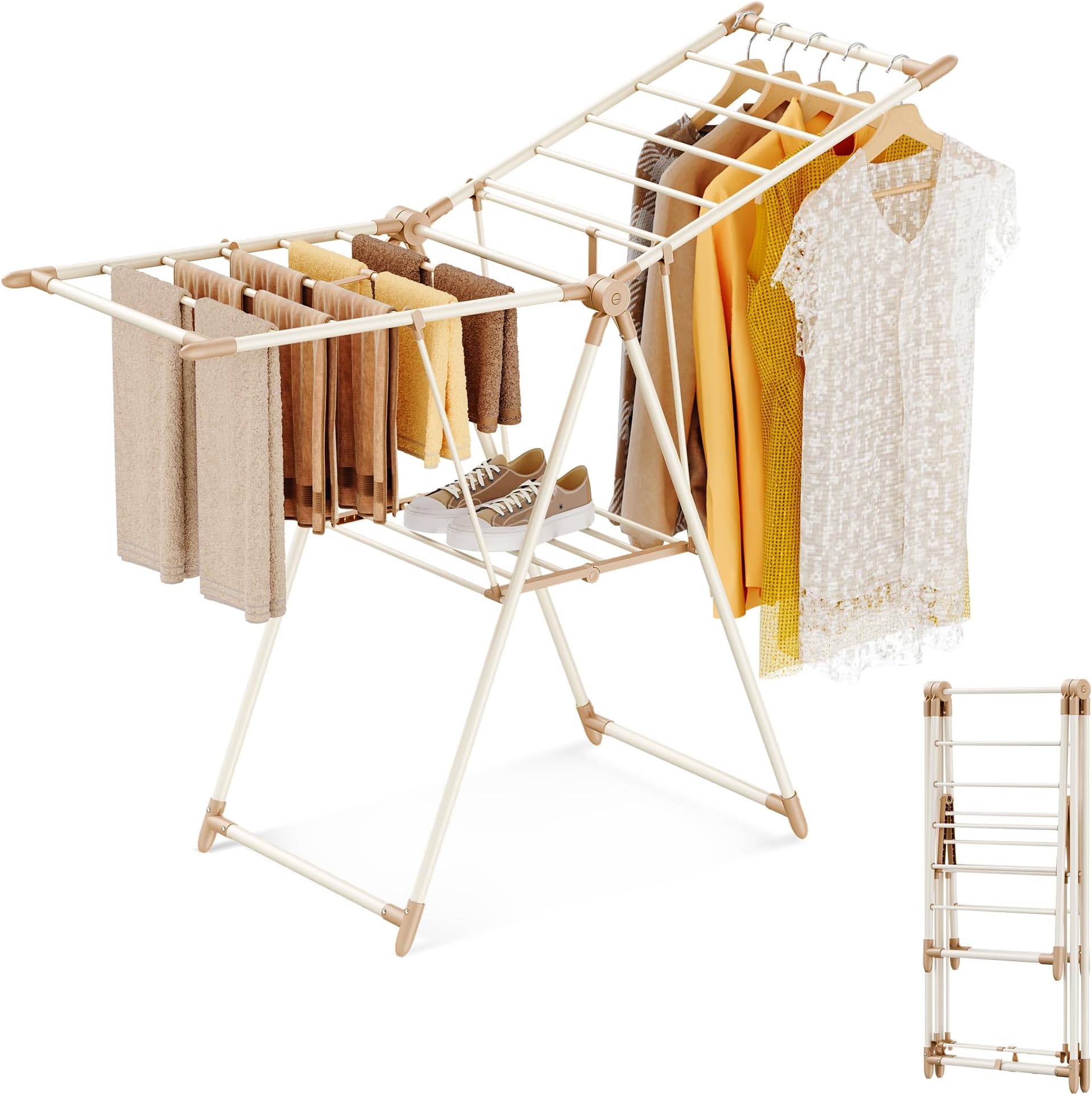 GameGem Clothes Drying Rack, 2 Layer Foldable Clothes Horse with 3 Height Adjustable Clothes Airer, Sturdy Carbon Steel Laundry Drying Rack for Indoor Outdoor, Cream Chocolate