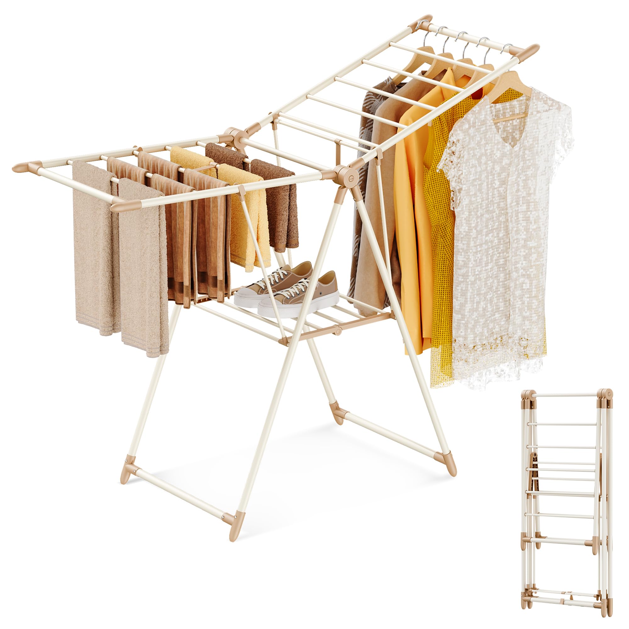 GameGem Clothes Drying Rack, 2 Layer Foldable Clothes Horse with 3 Height Adjustable Clothes Airer, Sturdy Carbon Steel Laundry Drying Rack for Indoor Outdoor, Cream Chocolate