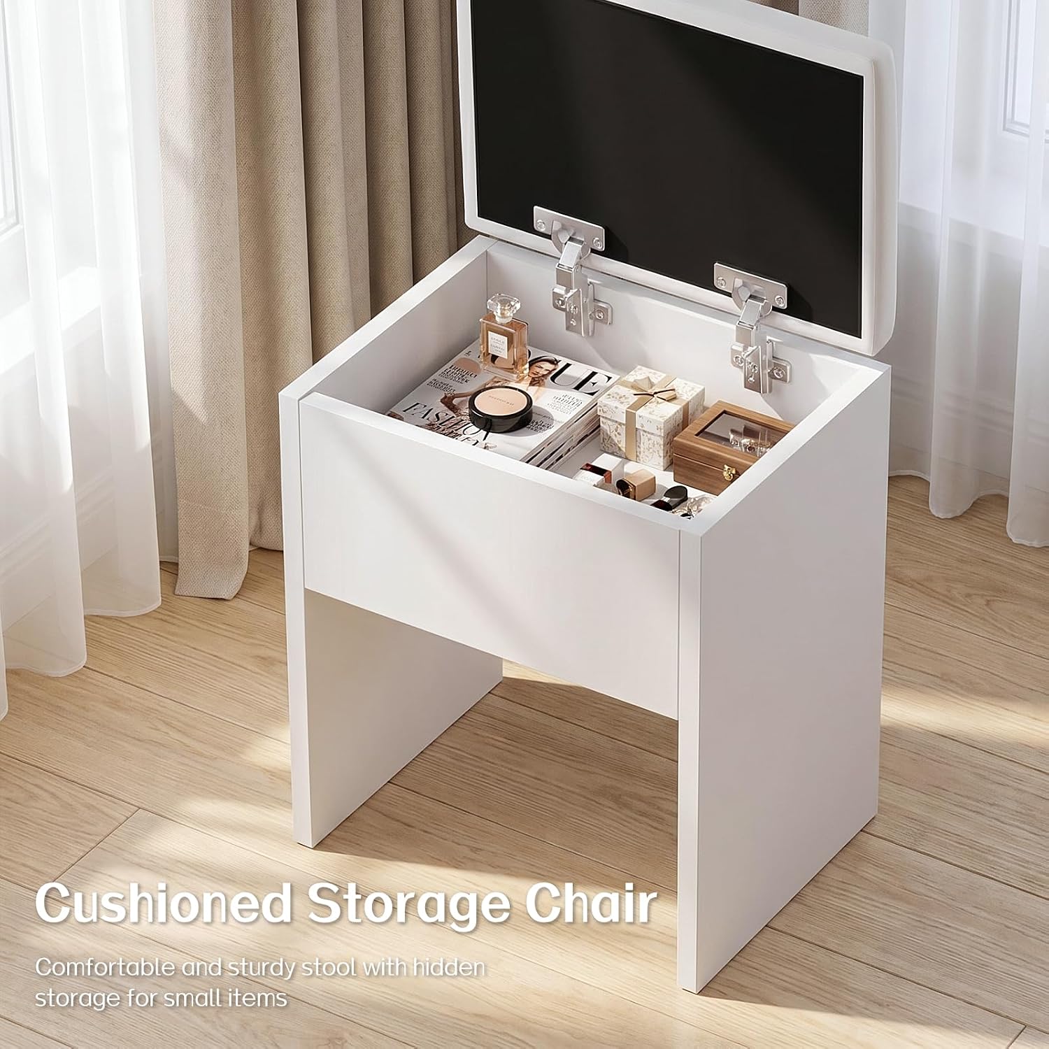 FUXA Vanity Desk with LED Lights Mirror and Charging Station, Makeup Vanity Table with Storage Drawers, Cabinet and Chair, Dressing Table Set for Bedroom, White
